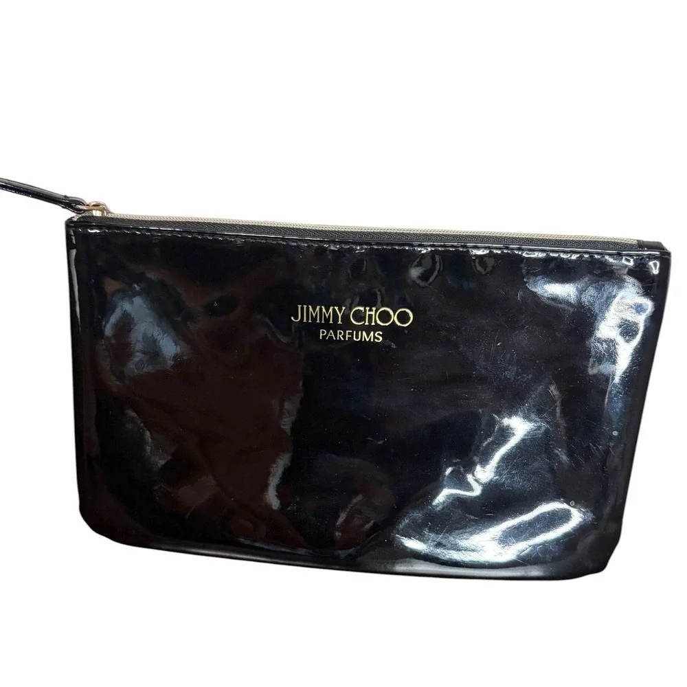 Jimmy Choo Black Makeup Bag Patent Gold Logo Women's OS